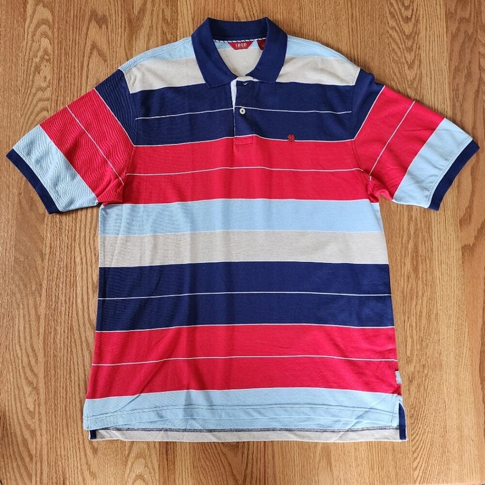Izod Striped Polo Shirt Blue Red Gray Size Large